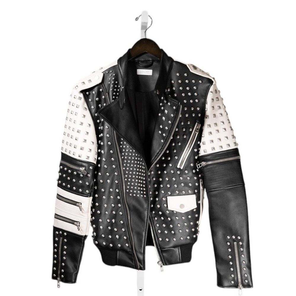 Zara Man Mens Jacket Small Black Faux Leather Studded Motorcycle Biker Bomber